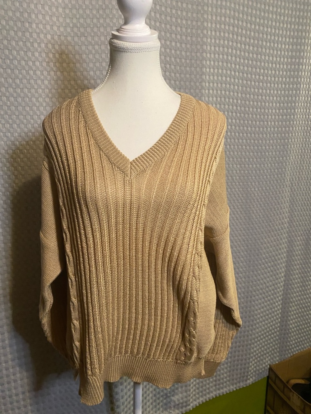Emanuel Ungaro Ribbed V-Neck Sweater in Beige Tan